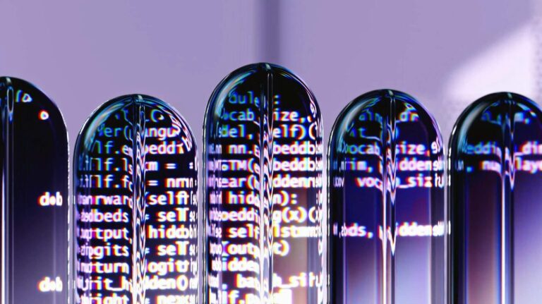 Estrutura tridimensional de vidro representando automacao e IA