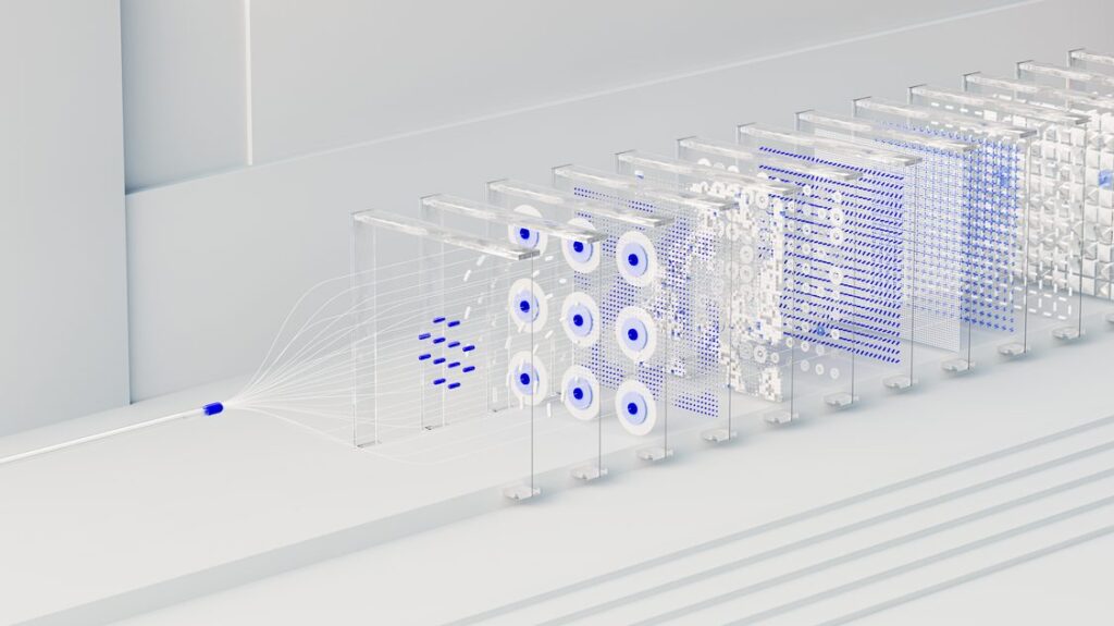 Camadas de dados 3D representando inteligencia artificial aplicada a vendas
