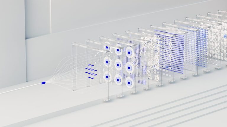 Camadas de dados 3D representando inteligencia artificial aplicada a vendas