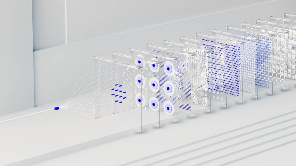 Camadas de dados 3D representando inteligencia artificial aplicada a vendas