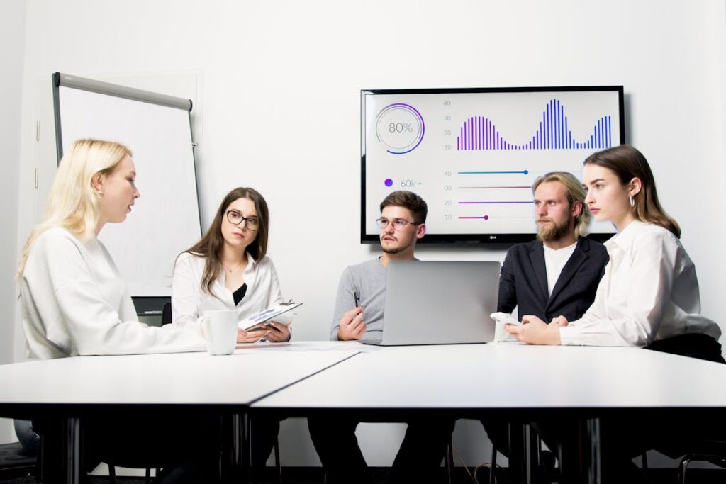 Equipe analisando dashboard de KPIs de vendas em reuniao estrategica