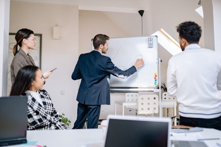 Equipe discutindo operacao comercial em frente ao quadro branco