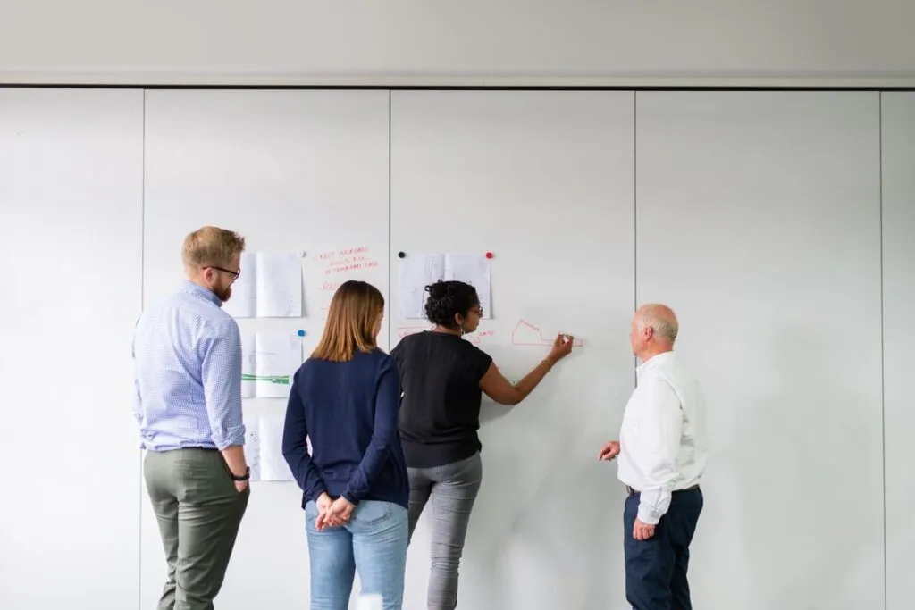 Equipe comercial planejando ações num quadro branco do escritório