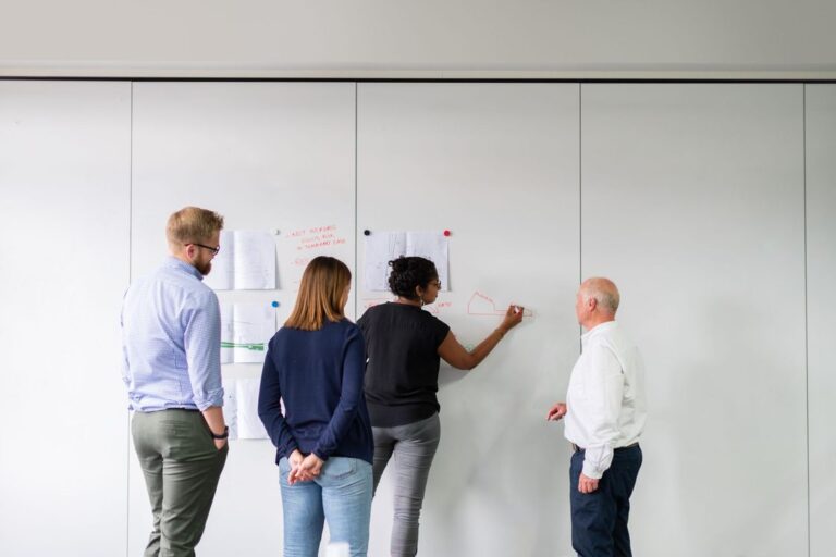 Equipe comercial planejando ações num quadro branco do escritório